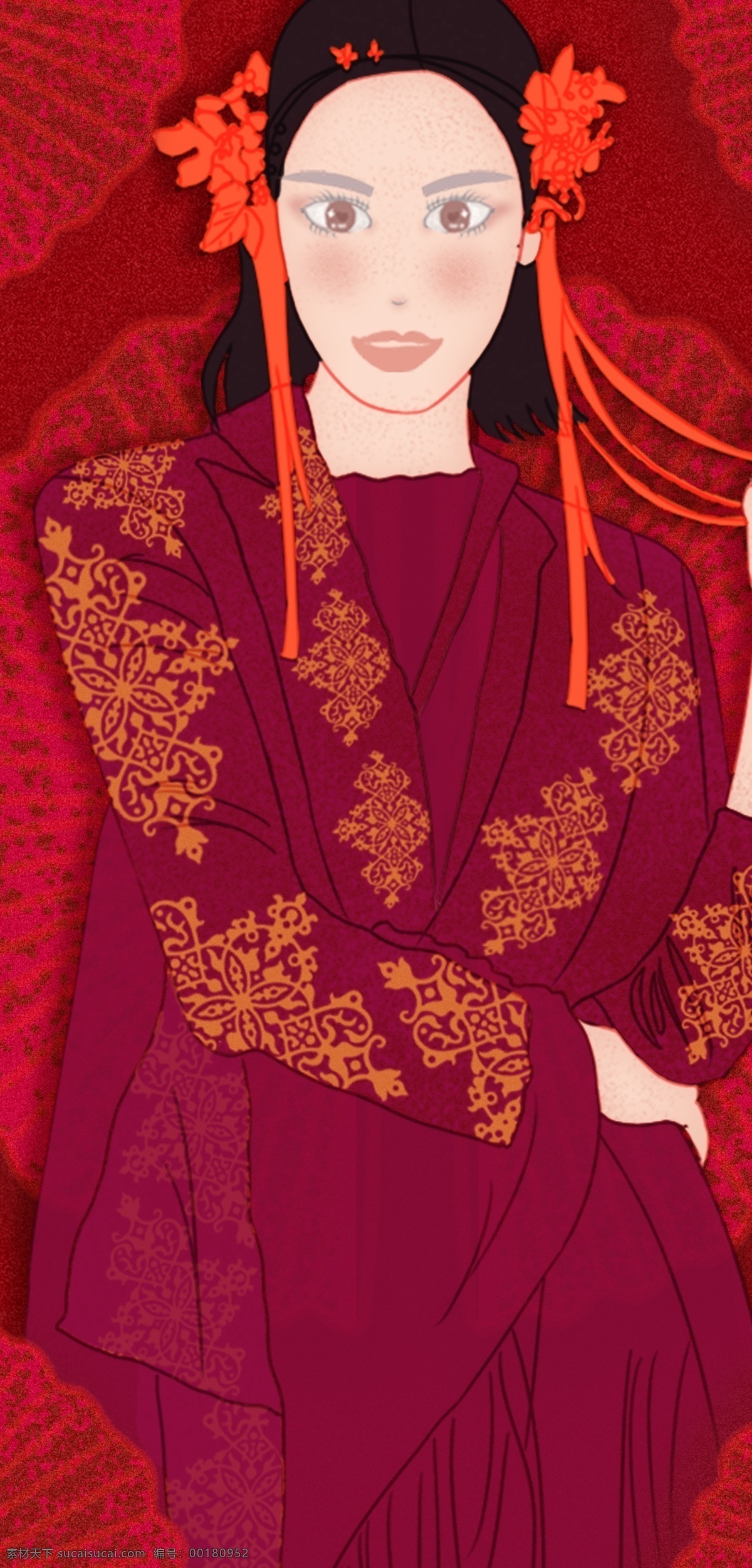 原创 插画 旗袍 女人 旗袍女人 中国红 伞 手机用图 微信用图
