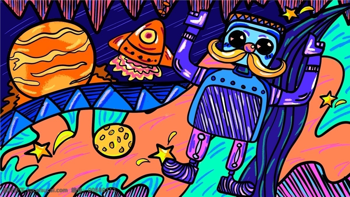 太空 宇宙 主题 插画 动漫 嘻哈 小清新 卡通 科技 银河系 飞船主题 绘画 夜晚 星空 动漫动画