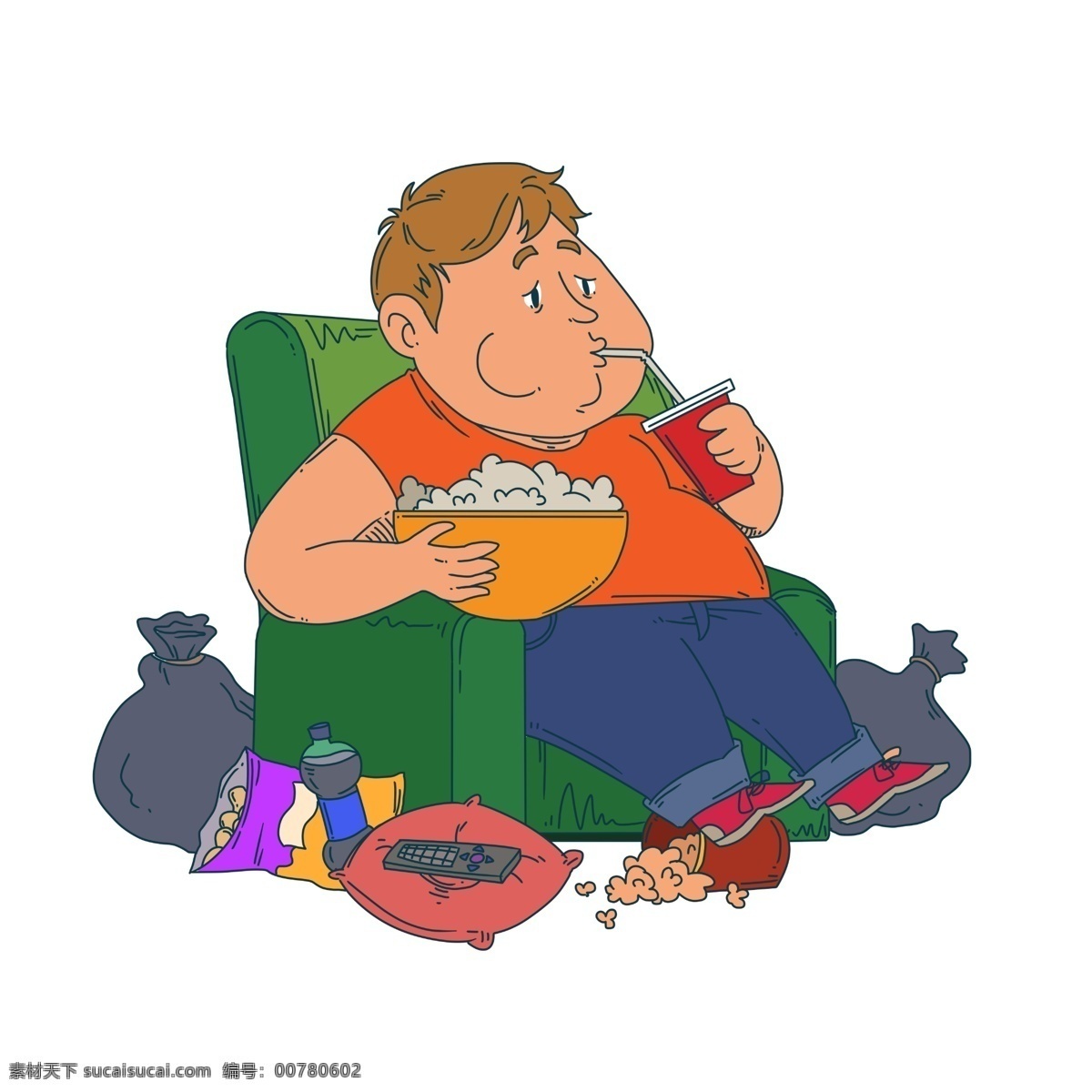 宅 在家 可乐 男孩 绿色的沙发 喝可乐的男孩 美味的食物 零食插画 男 人物 手绘 插画 红色的可乐