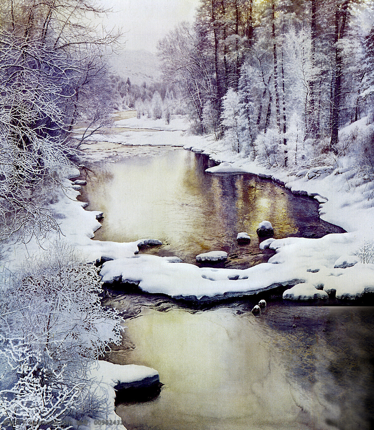 油画雪景 森林 树林 油画 风景 写实油画 雪景 冬景 溪流 文化艺术 绘画书法