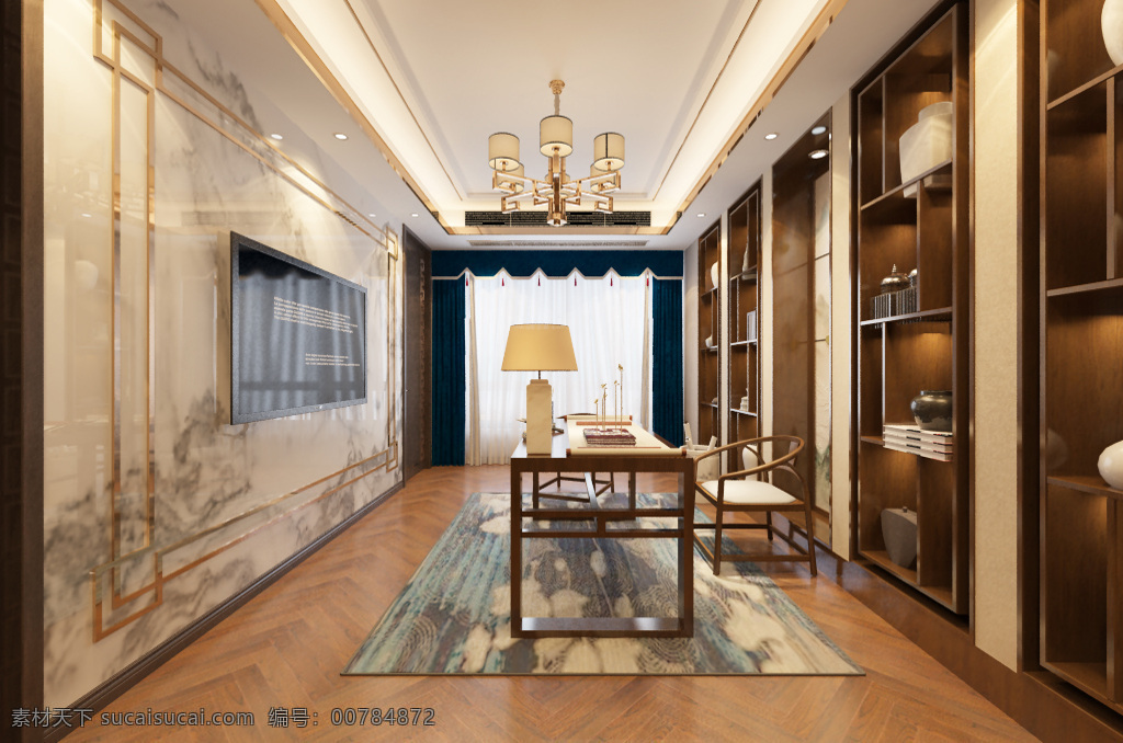 新 中式 风格 奢华 书房 效果图 时尚 地毯 温馨 新中式 理石背景墙 书柜