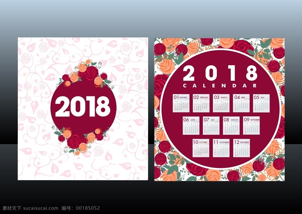 2018 年 创意 年历 创意年历 日历 矢量素材 矢量日历 手绘花卉 花卉背景 花卉花朵