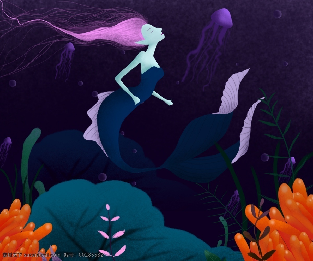 美人鱼 海底世界 大海的女儿 珊瑚海 插画 海报 文化艺术 绘画书法