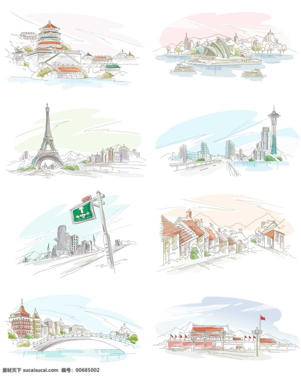 手绘 世界 著名 风景 名胜 景点 景观 建筑 动漫动画 风景漫画
