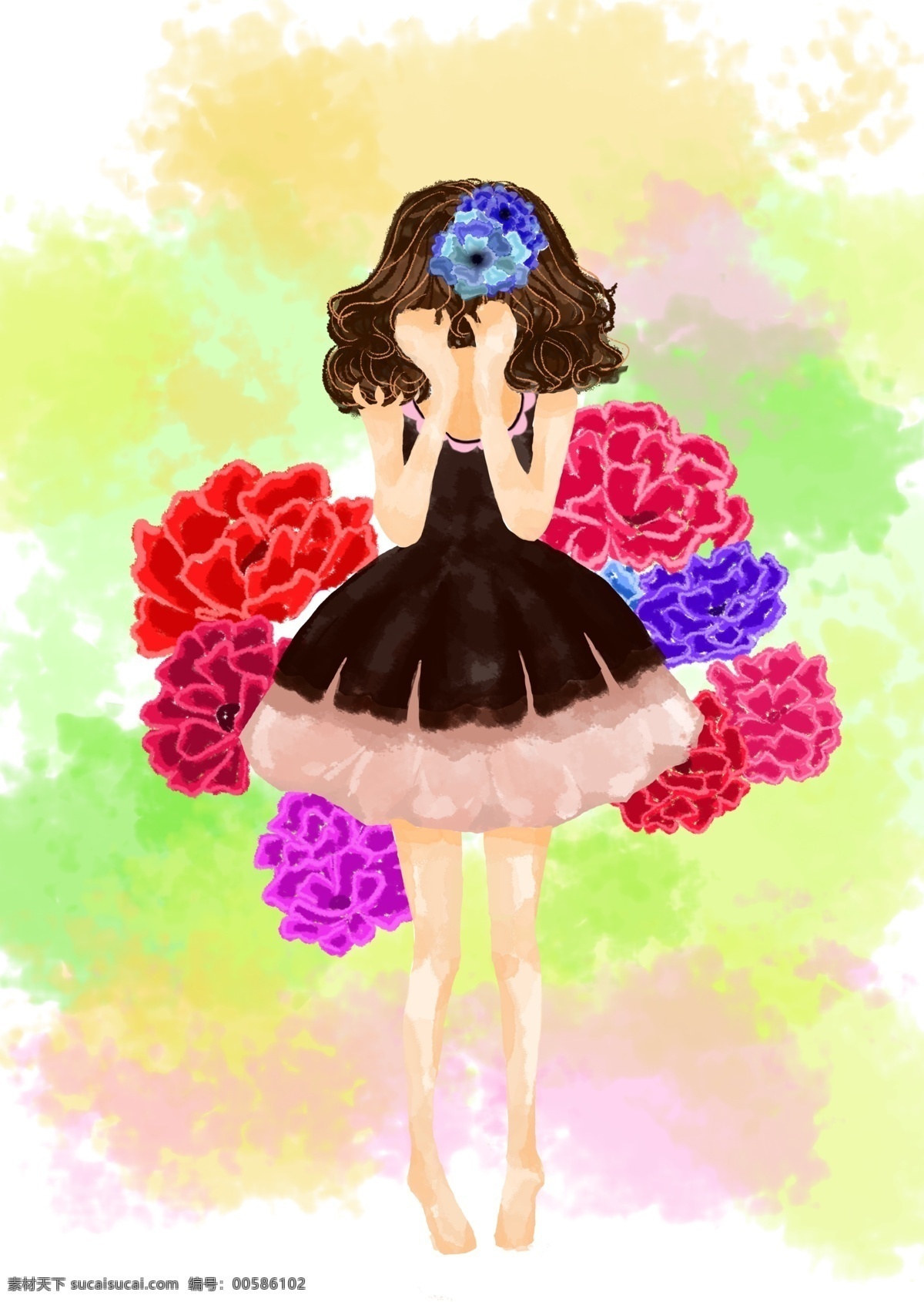 文艺 清新 插画 背景 图 卡通 人物 女孩 花