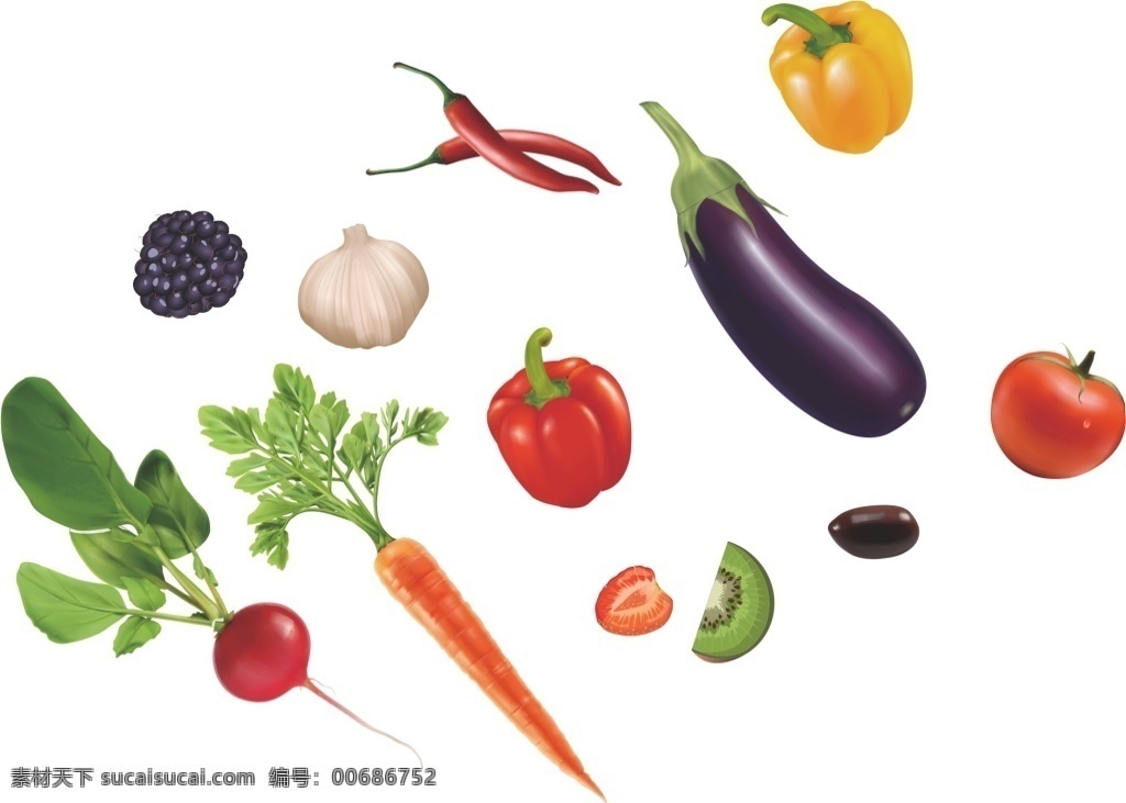 果蔬 蔬菜 矢量 番茄 辣椒 茄子 西红柿 高清 矢量图 猕猴桃 蓝莓 草莓 蒜头 奇异果 青椒 黄 椒
