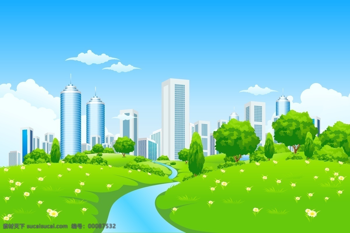 绿色城市 蓝天 白云 别墅 草地 花草 花朵 生态 绿色景观 城市 城市建筑 建筑家居 矢量