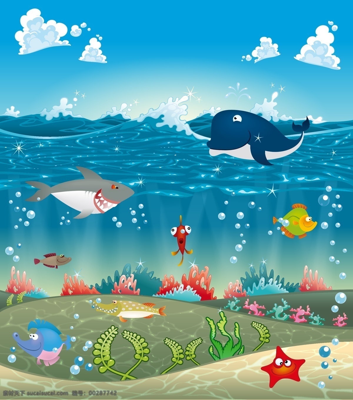海底世界 海洋生物 矢量 模板下载 鱼 乌贼 鲨鱼 螃蟹 海星 龙虾 鲸 海洋 生物 生物世界