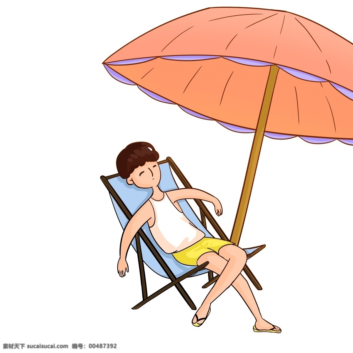夏天 沙滩 度假 男孩 插画 彩绘 漫画 沙滩度假 躺椅 遮阳伞