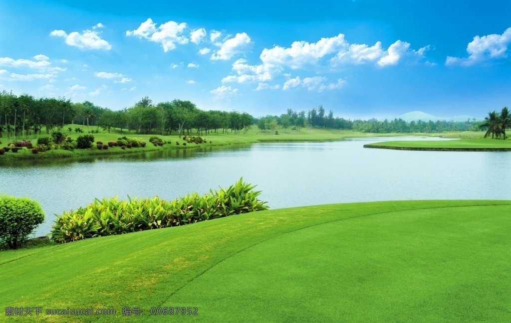 高尔夫球场 高尔夫 高尔夫运动 草地 绿地 蓝天 白云 树木 河畔 美景 风景照片 桌面壁纸 国内旅游 旅游摄影