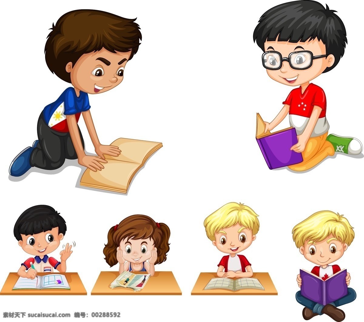 卡通 人物 阅读 国际 儿童 读书 日 彩色 学生 学习 孩子 看书