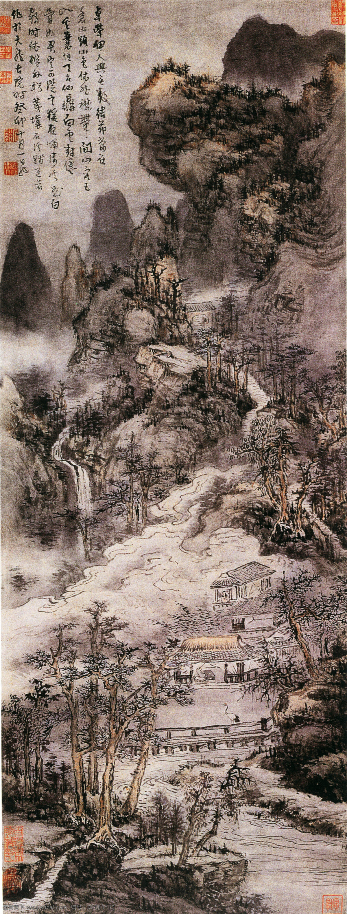 绵长的峡谷 峡谷 幽谷 中国画 山水 名画 古代 林间 树林 林木 黑色