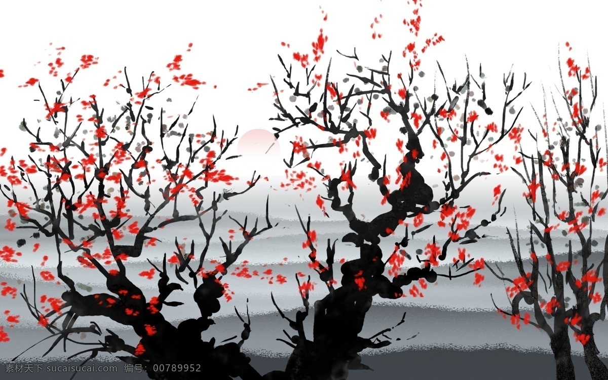 水墨 梅花山 水 电视 背景 墙 背景墙 墙纸 壁画 无框画 国画 手绘 中国风 新中式 古典 典雅 复古 梅花 红梅 禅意 咏梅 山水 风景 树 新 中式 分层