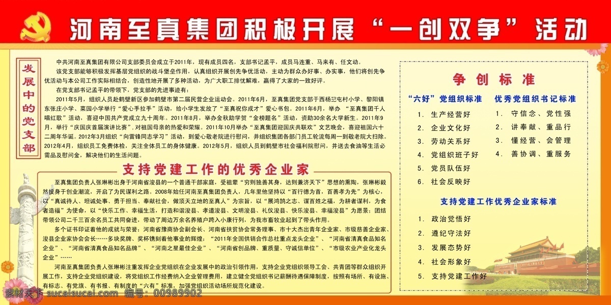 广告设计模板 源文件 一创双争展板 发展 中 党支部 六 好 党组织 标准 优秀 书记 企业家 其他海报设计
