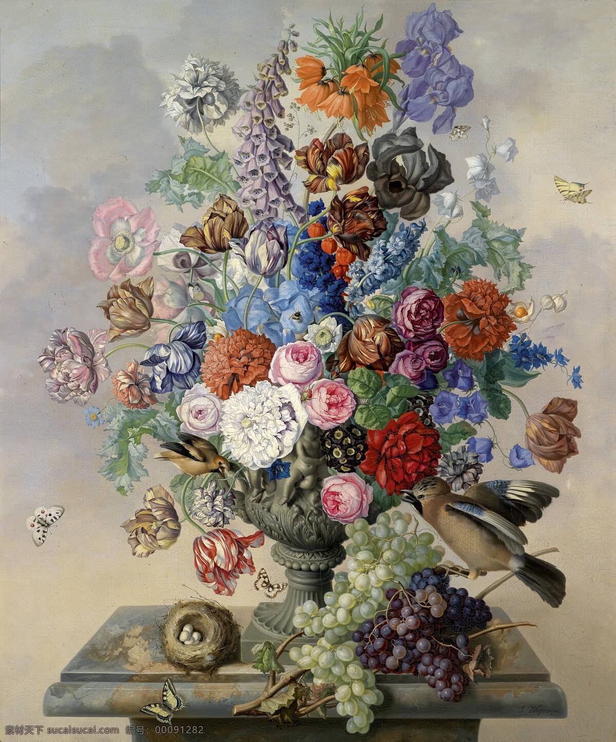 静物鲜花 永恒之美 混搭鲜花 鸟儿 鸟蛋 花蝴蝶 葡萄 19世纪油画 油画 绘画书法 文化艺术