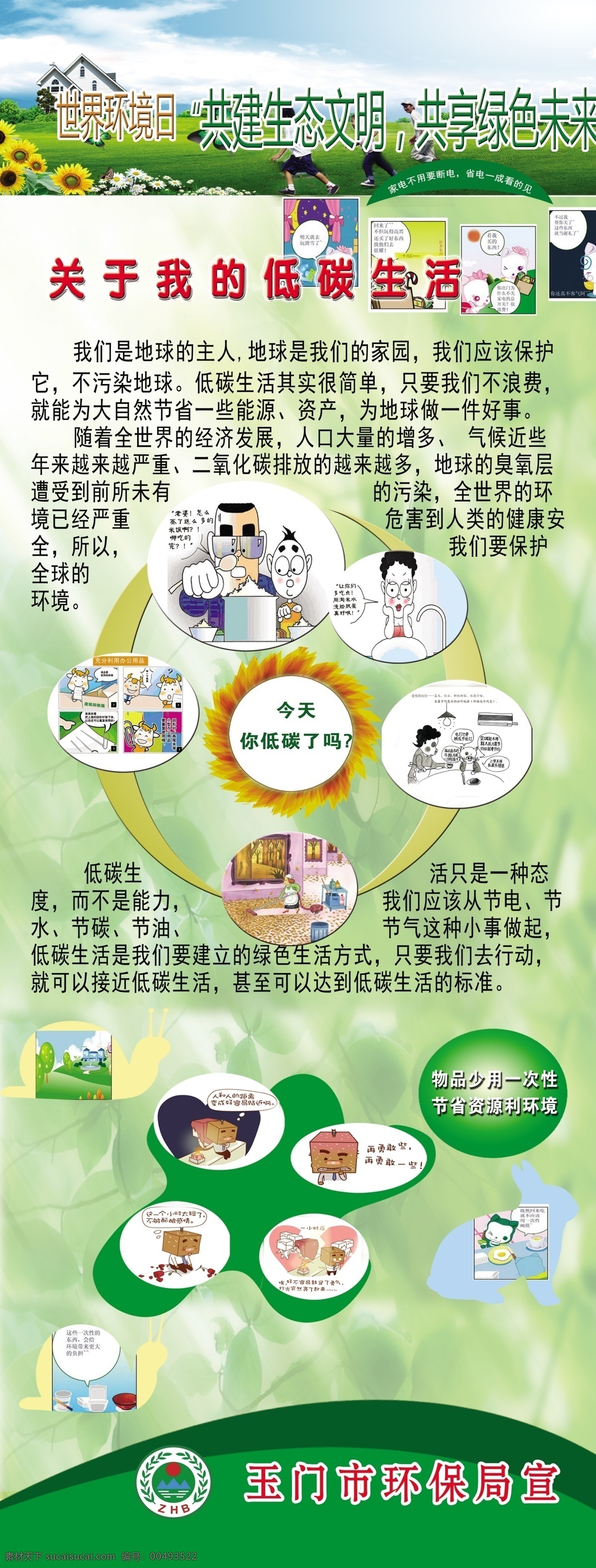 广告设计模板 节能减排 卡通画 蓝天白云 绿色背景 形状 易拉宝 源文件 节能 减排 宣传 模板下载 展板模板 易拉宝设计