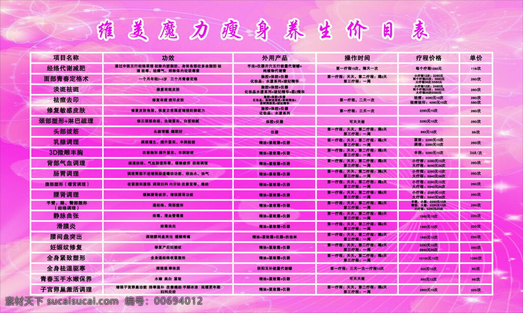 美容 海报 价格表 维美 魔力 瘦身 养生 价目表 里面 包含 项目 名称 功效 使用 机器 以及 操作 时间 还有 价格 紫色