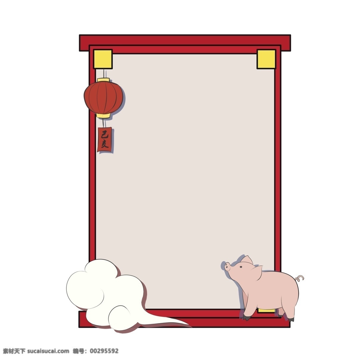 中国 风 新年 红色 边框 2019 猪年 红色的灯笼 白色的祥云 过年啦边框 卡通边框