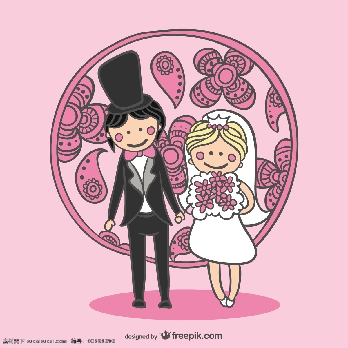 新婚夫妇 婚礼 宴会 邀请 花 爱 一方面 婚礼请柬 卡 人 卡通 手绘的 快乐的 粉红色的 可爱的 涂鸦 婚礼卡 庆祝 新娘夫妇 粉色