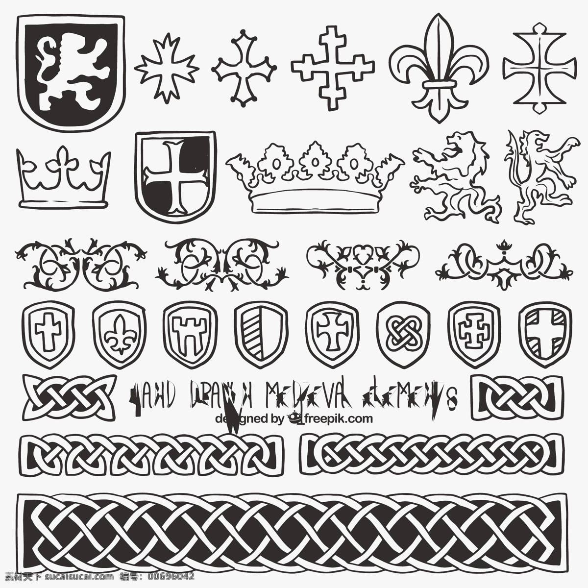 盾 中世纪 元素 集合 一方面 皇冠 徽章 盾牌 手绘 安全 交叉 装饰 绘画 象征 符号 元 纹章 受到保护 白色