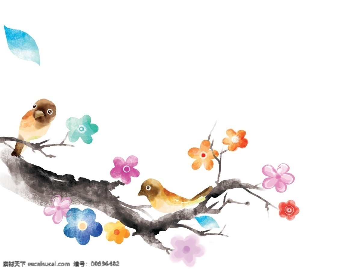 花草 树木 手绘 画 花草树木 鸟 手绘画 桃花 唯美素材 psd源文件