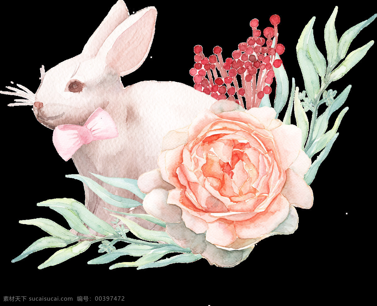鲜花 小 白兔 卡通 透明 小白兔 水彩 免扣 手绘 透明素材 装饰 设计素材 淘宝素材 海报设计装饰 装饰图案