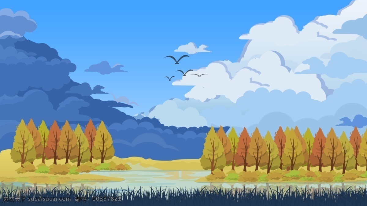 清新 唯美 蓝天 树林 背景 背景素材 卡通背景 树林背景 秋季风景 广告背景 psd背景 手绘背景