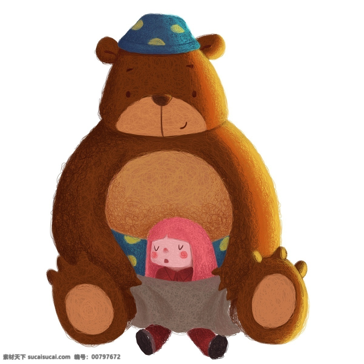 线圈 风格 女孩 小 熊 手绘 线圈印象 卡通 插画 小熊 温暖 童真 小女生
