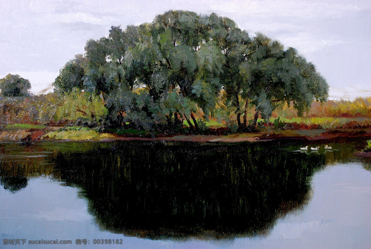 湖 对岸 大树 油画 无框画 装饰画 挂画 壁画 油画写生 风景油画 风景写生 绘画艺术 书画文字 文化艺术