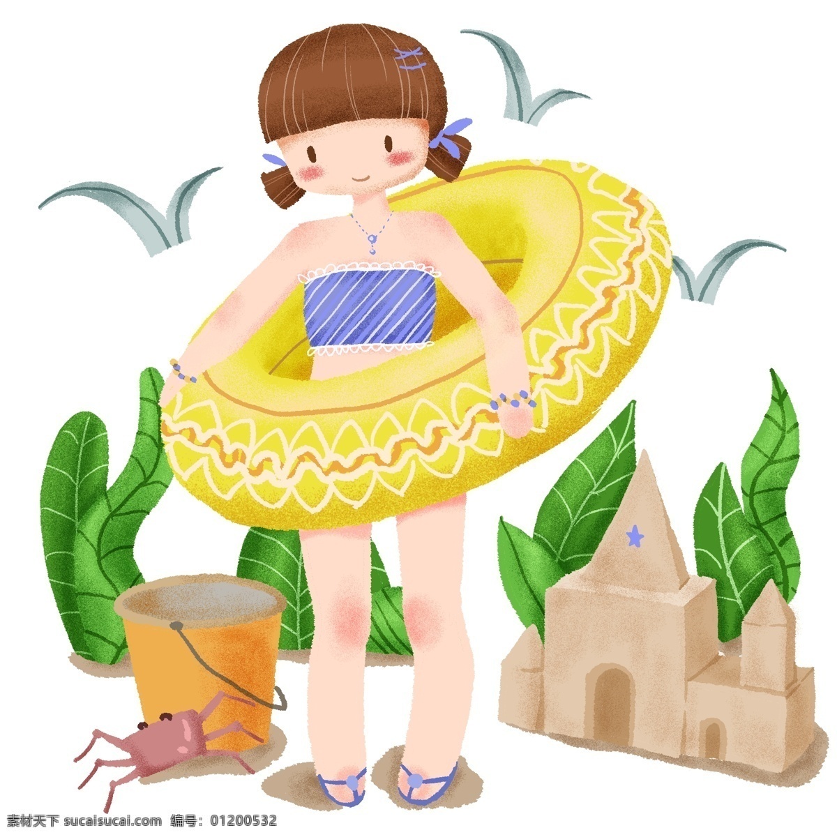 手绘 夏天 沙滩 玩乐 游泳 圈 女孩 夏 游泳圈 可爱 城堡 沙堆 玩耍 水桶 植物 绿植 黄色