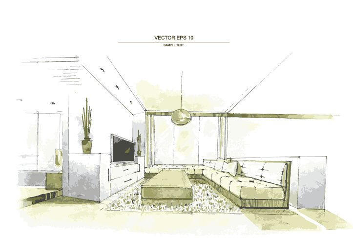 手绘 客厅 装修 效果图 矢量 白色