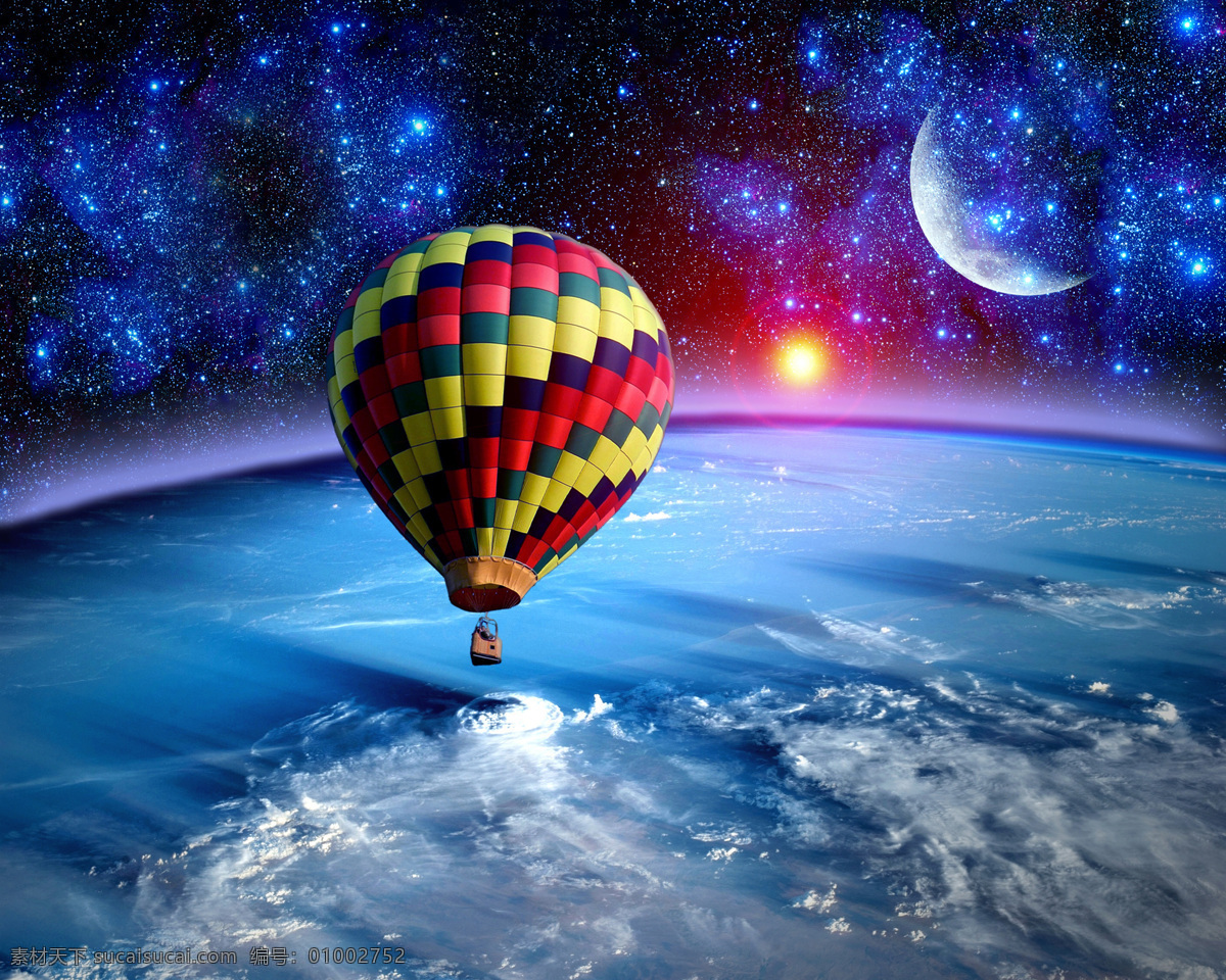 太空 中 热气球 梦幻星空 宇宙 梦幻星云 地球 其他风光 风景图片