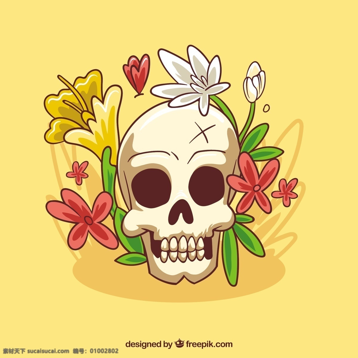 黄色骷髅背景 背景 花卉 手 自然 花卉背景 手绘 头骨 黄色 装饰 绘画 自然背景 骨骼 背景花 哥特式 草图