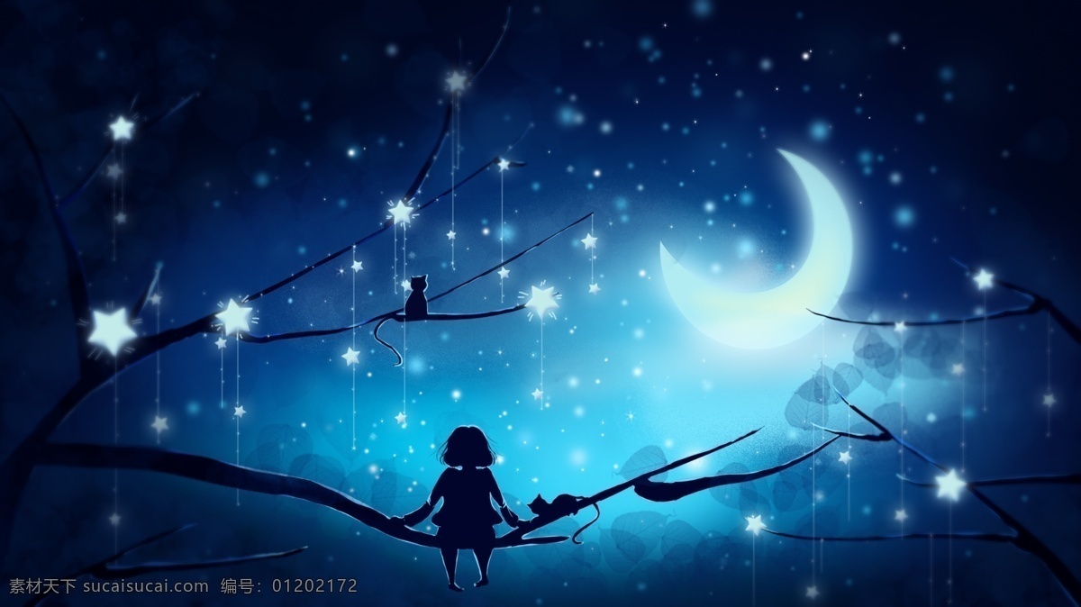 治愈 梦幻 星空 女孩 猫 树枝 插画 蓝色 光 星星 逆光 剪影 配图 夜色 星晨 月亮 冷 桌面 壁纸 清晰