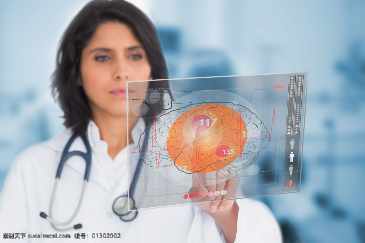 点击 屏幕 大脑 医生 美女 女人 职业女人 职业人物 医疗护理 现代科技