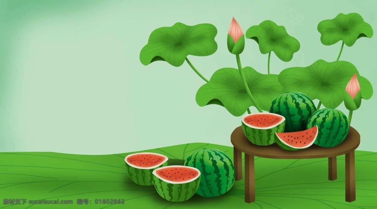 手绘 绿色 荷塘 荷花 插画 背景 荷塘背景 赏荷花 插画背景 荷花背景 夏天背景 夏季背景 荷叶 西瓜