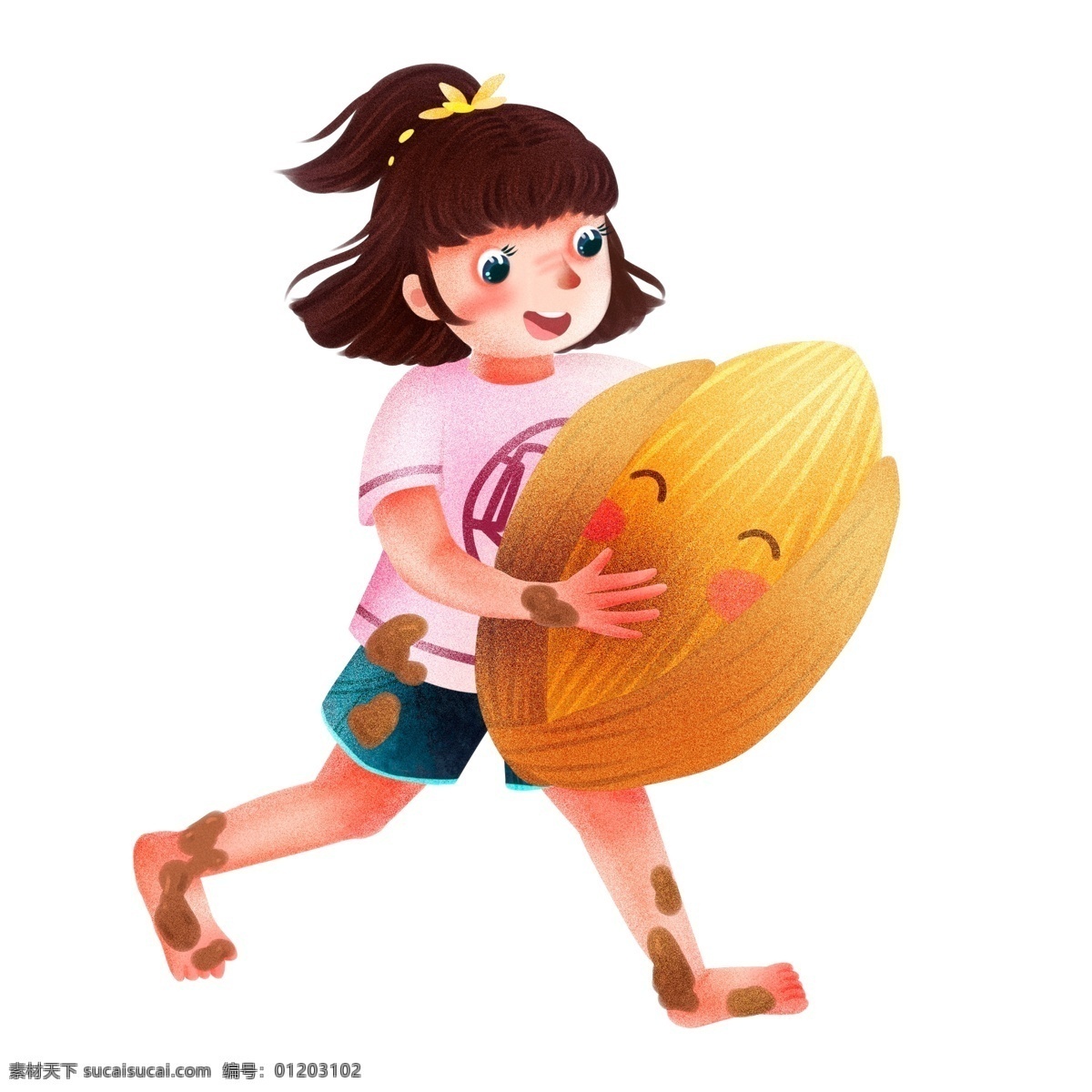 清新 可爱 抱 谷子 女孩 彩绘 复古肌理 插画 女生 手绘 治愈系 小女孩
