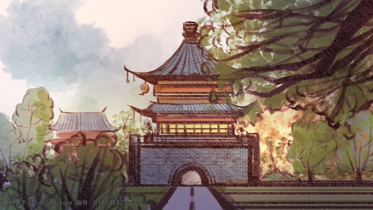 简约 创意 水彩 风 古风 建筑 西安 钟楼 插画 风景画 风景 中国元素 传统文化 古建筑 厚涂 中国文化 传统艺术 东方元素 长安