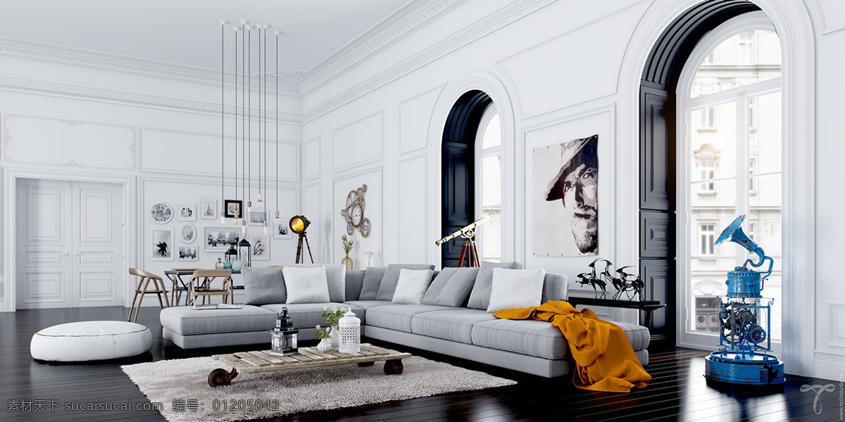 简约 客厅 拱形门 装修 效果图 长方形茶几 个性吊灯 灰色地板砖 灰色地毯 灰色花纹地毯 灰色沙发