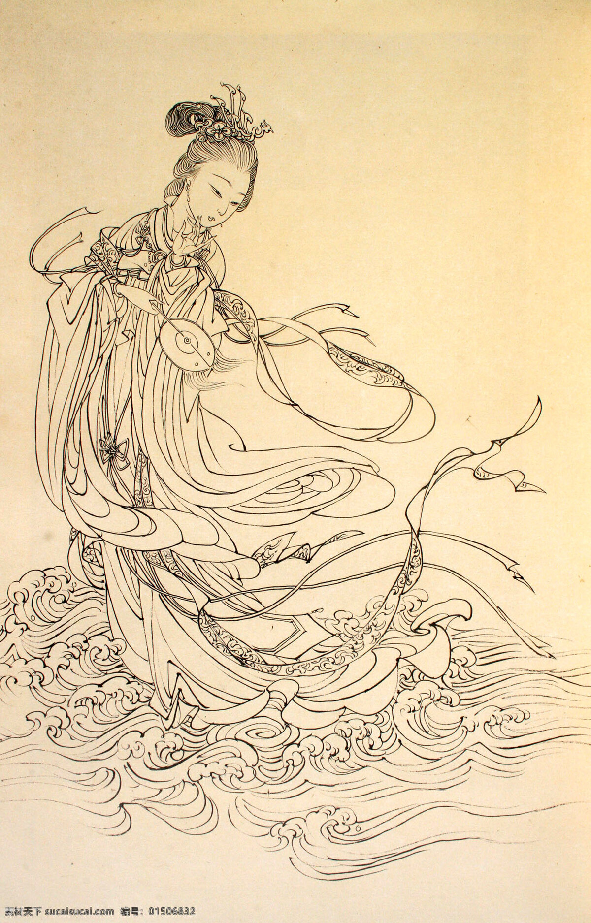 白描人物 古装 女人 女性 女子 长裙 凤钗 耳坠 手镯 扇子 江水 浪花 传统艺术 国画 工笔 古典 中国风 蔡 岚 人物 白描 绘画书法 文化艺术