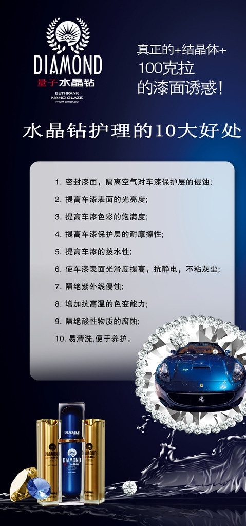 量子水晶钻 展板 钻石 汽车漆面护理 水 蓝色 ps 中国美鹰产品 展板模板