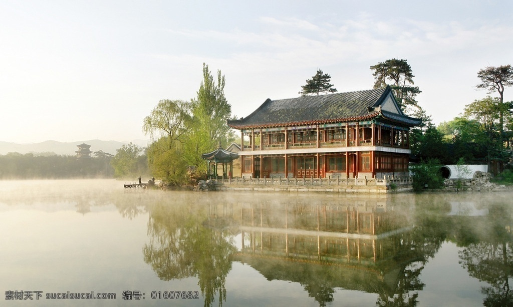 中国 河北 承德 避暑山庄 烟雨楼 建筑 倒影 自然景观 风景名胜