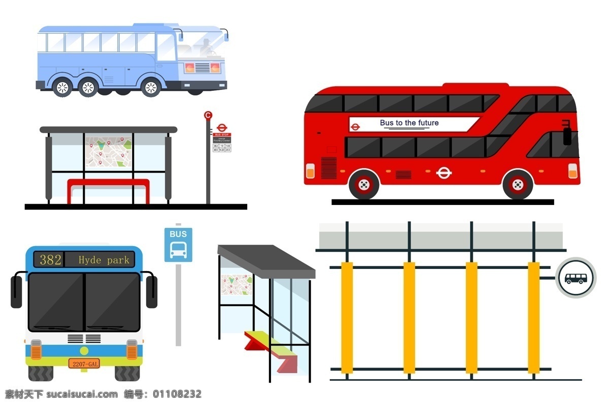 创意 公交 站台 彩色 公交车 凳子 矢量素材 公交站台 候车亭 站牌