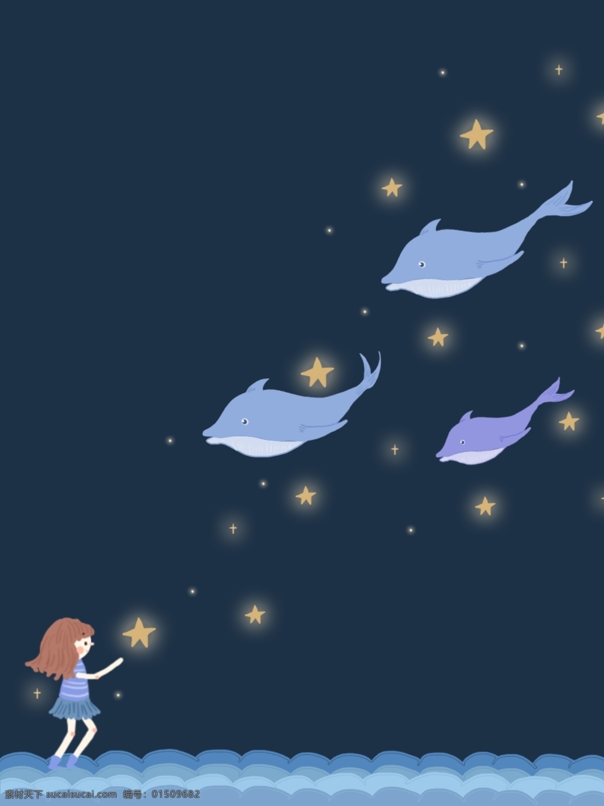手绘 梦幻 少女 鱼 夜空 星星 下 背景 星空