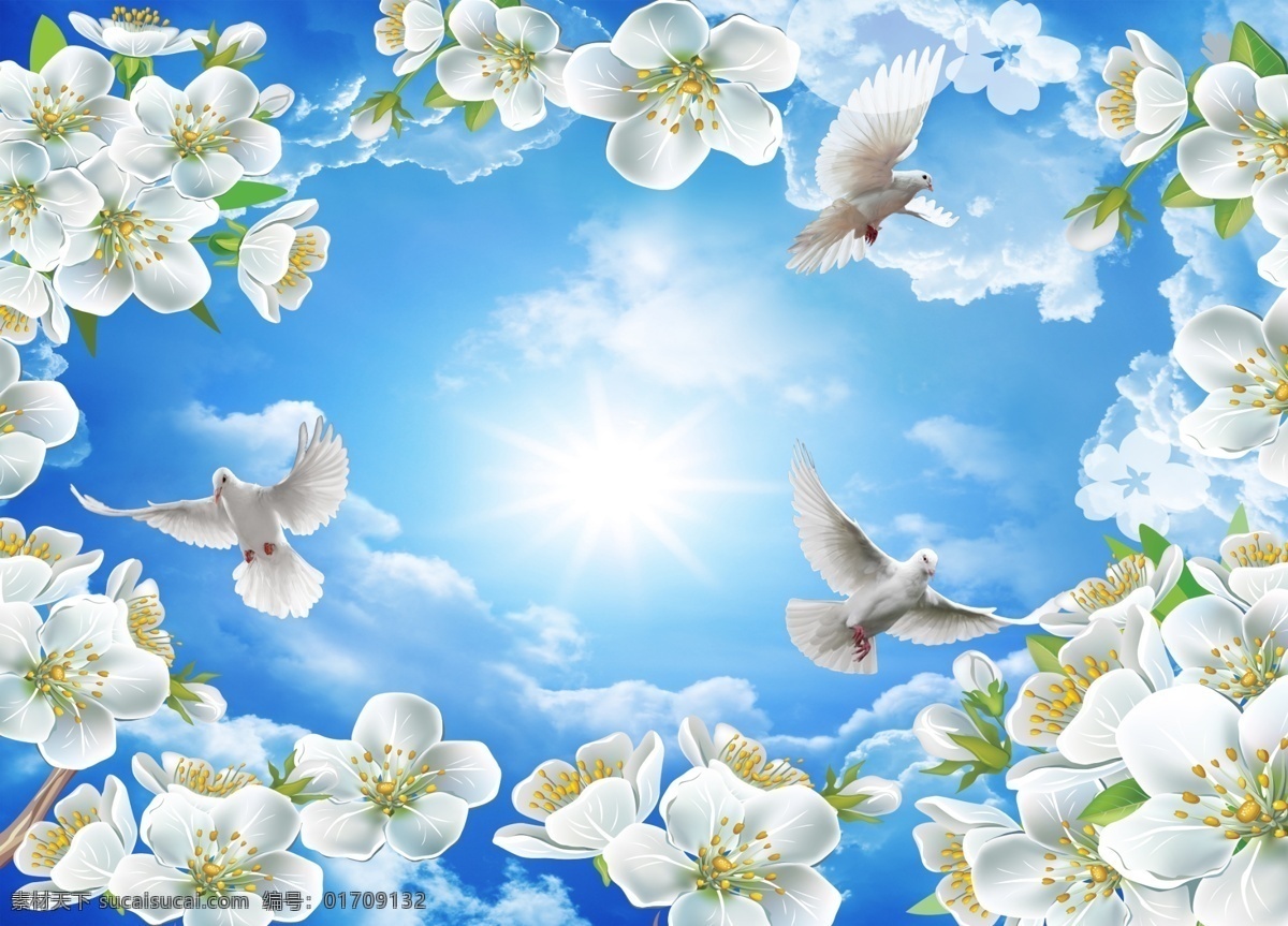 花中天空 花 鸽子 飞鸟 蓝天白云 天空 天空背景 蓝天 白云 棉花云 花花世界 翱翔 飞翔 自然景观 自然风光
