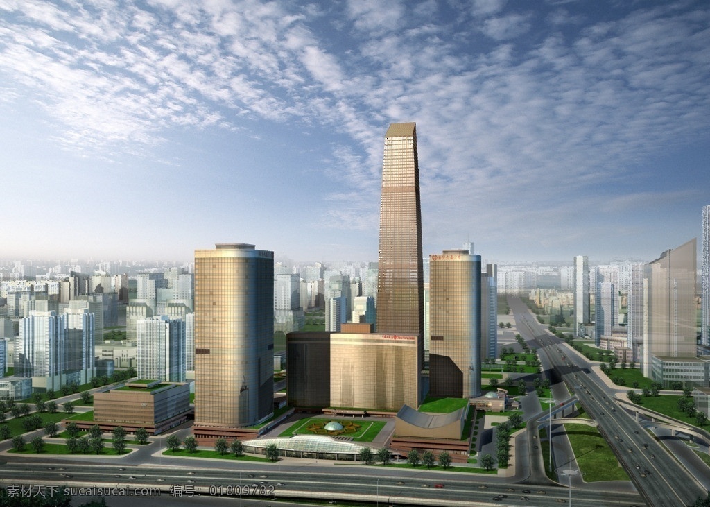 建筑效果图 效果图 建筑设计 景观设计 建筑 环境设计 蓝天 白云 公路 楼房效果图 鸟瞰图 源文件