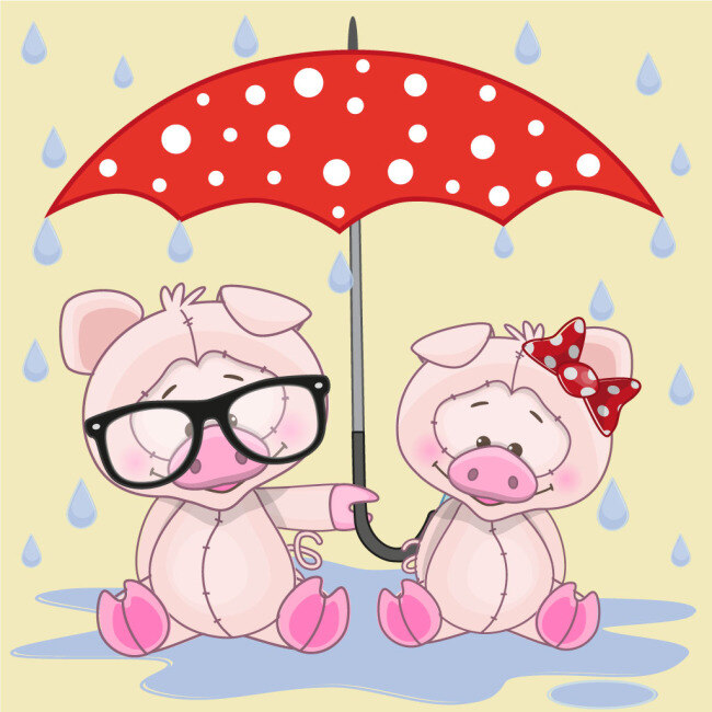 雨伞 下 可爱 卡通 动物 小 猪 矢量图 小猪