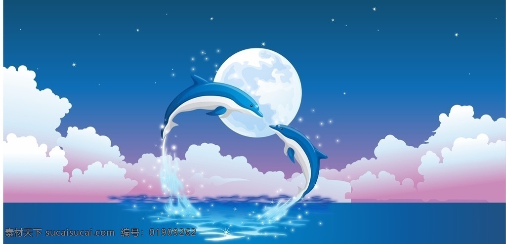 海上风光 海洋 大海 月亮 月光 星星 海豚 云彩 蓝色 蓝色背景 自然景观