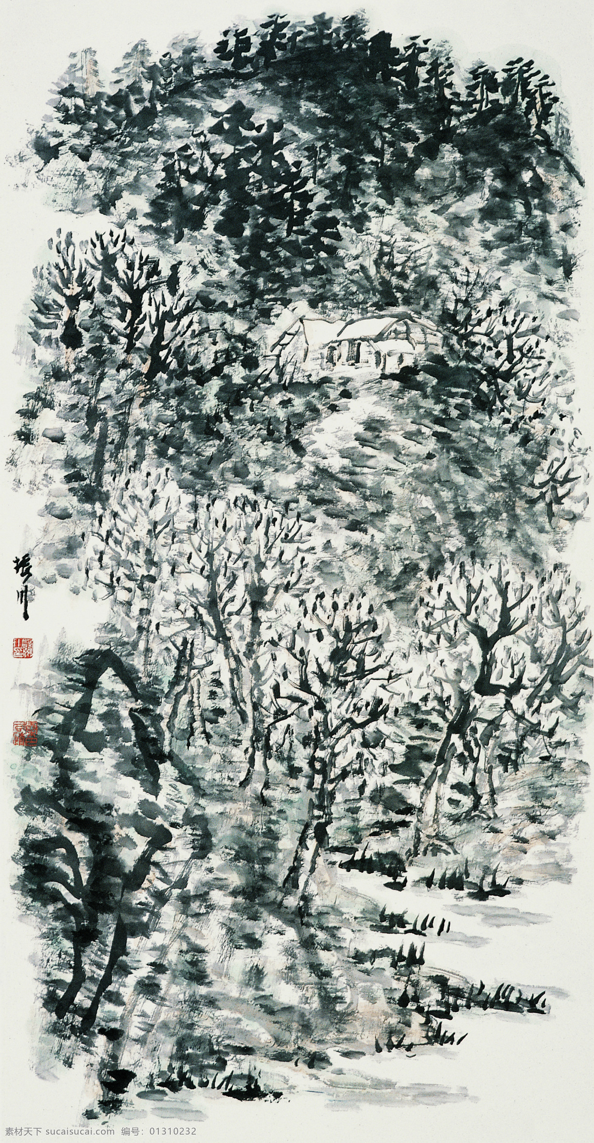 传统画 房屋 绘画 绘画书法 流水 毛笔字 人 山峰 亭阁 小桥 小河 树林 云雾 艺术 印章 文化艺术 装饰素材 雕刻 图案