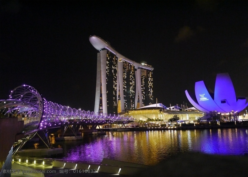 新加坡 滨海 湾 景观 滨海湾 夜景 港湾 金莎酒店 螺旋桥 艺科博览馆 灯光 夜空 水面 倒影 城市景观 旅游风光摄影 旅游摄影 国外旅游